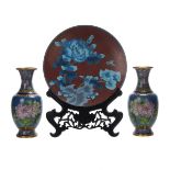 SET OF THREE CLOISONNE VASES AND PLATE WITH STAND