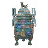 LARGE TEMPLE SIZE CLOISONNE BRONZE CENSER/BRAIZER