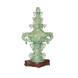 LARGE CELADON JADE CARVED TOWER PAGODA