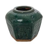 GREEN GLAZED HEXAGONAL JAR