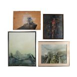 GROUP OF FOUR OIL PAINTINGS ON CANVAS, WALL ART