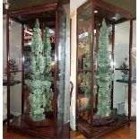 PAIR OF LARGE JADE PAGODA TOWERS IN GLASS CASES