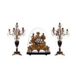 RUBY GLASS CANDELABRAS WITH GILDED DOME CLOCK