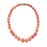 CHINESE CARVED CORAL BEADS NECKLACE