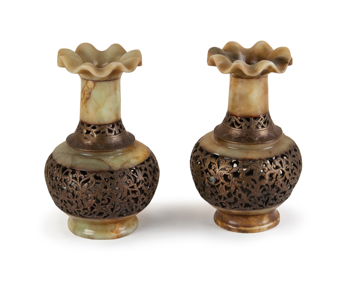 PAIR OF BRASS ALOY AND JADE VASES