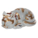 PORCELAIN WHITE AND GILT FIGURE OF CAT