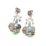 PAIR OF SILVER ENAMELED JADE ELEPHANT EARRINGS