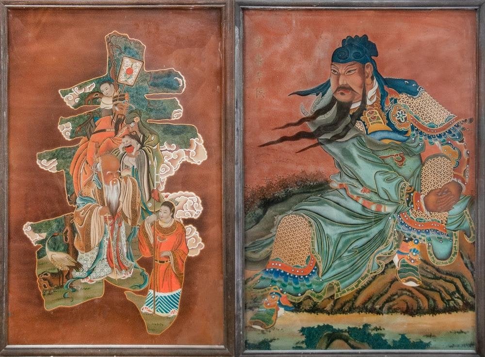 PAIR OF REVERSE PAINTINGS SANXING AND WARRIOR