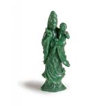 CARVED GREEN JADE FIGURE OF GUAN YIN WITH BOY