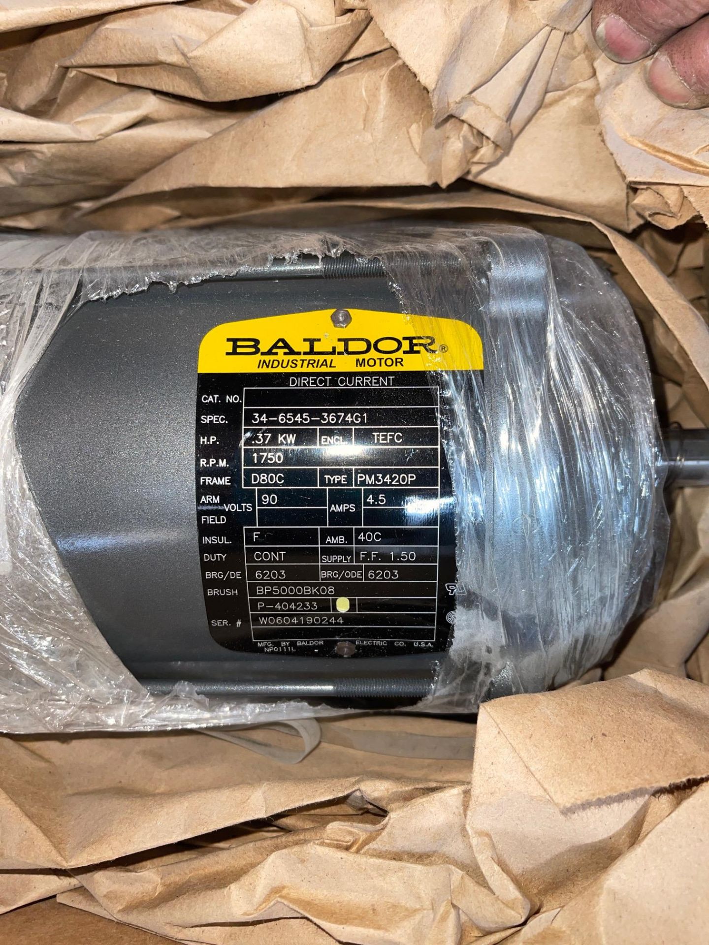 BALDOR .37 KW, 1750 RPM, 90 V DC, OFF A WRAPPER