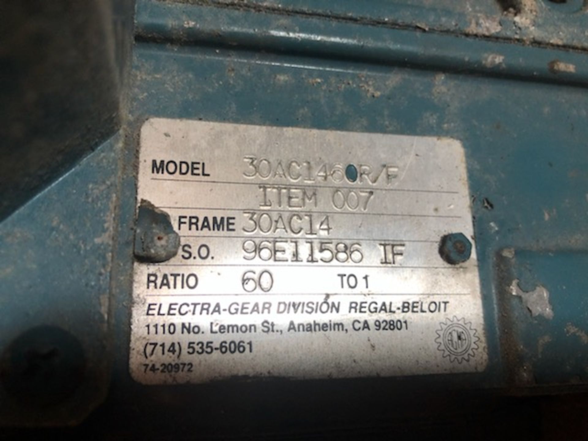 1HP 180V LEESON MOTOR ON GEAR BOX, RATIO 60 TO 1 - Image 2 of 3