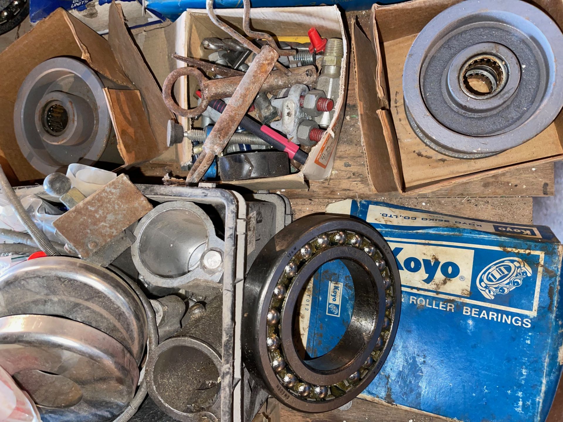 ASSORTED BEARING AND BUSHINGS, IDLER PULLEYS,SHAFT, BROWNING, PULLEYS, WELDING HELMETS - Image 3 of 7