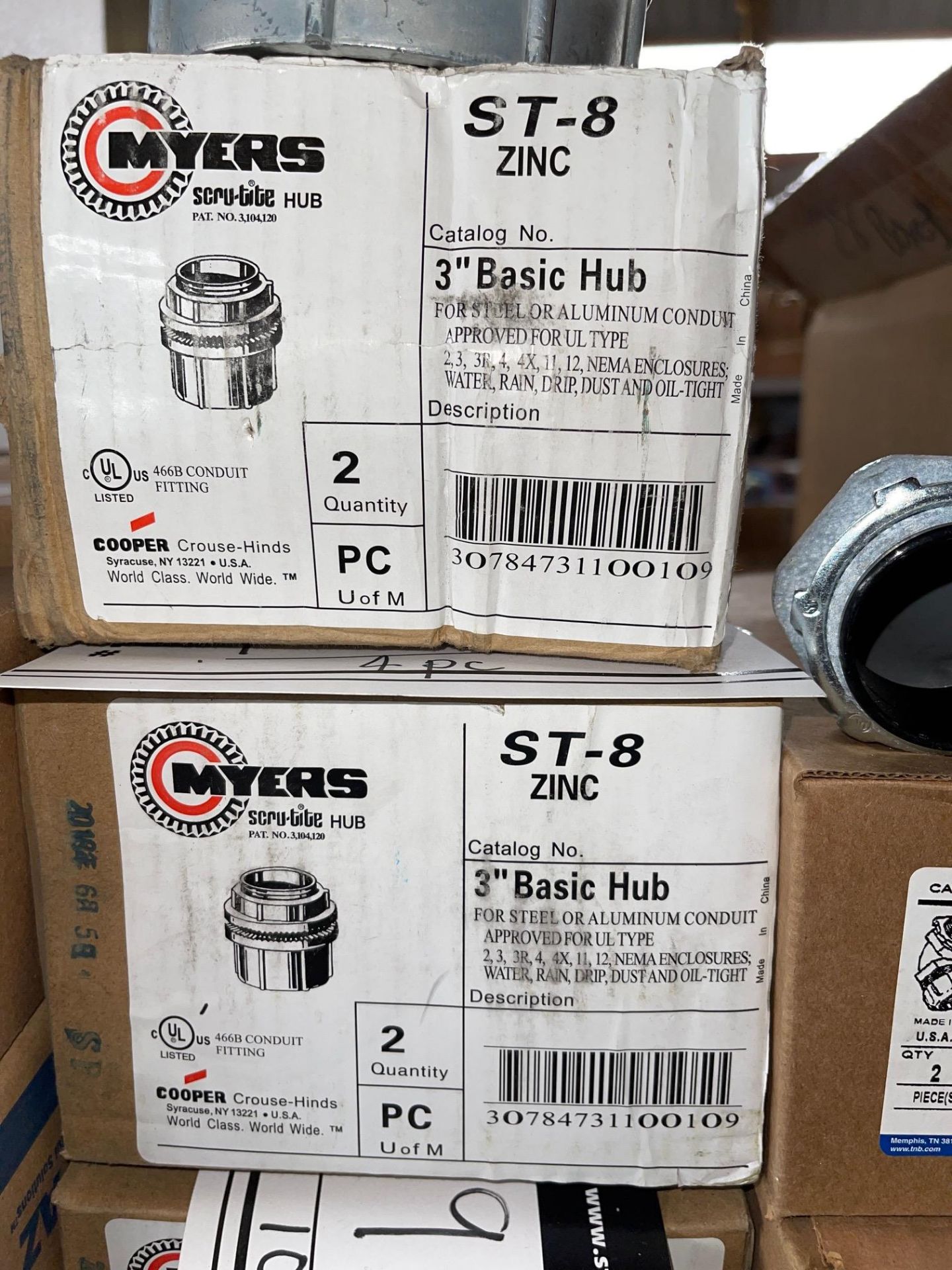 LOT OF MYER 3” BASIC HUB, ZINC, RIGGING FEE $