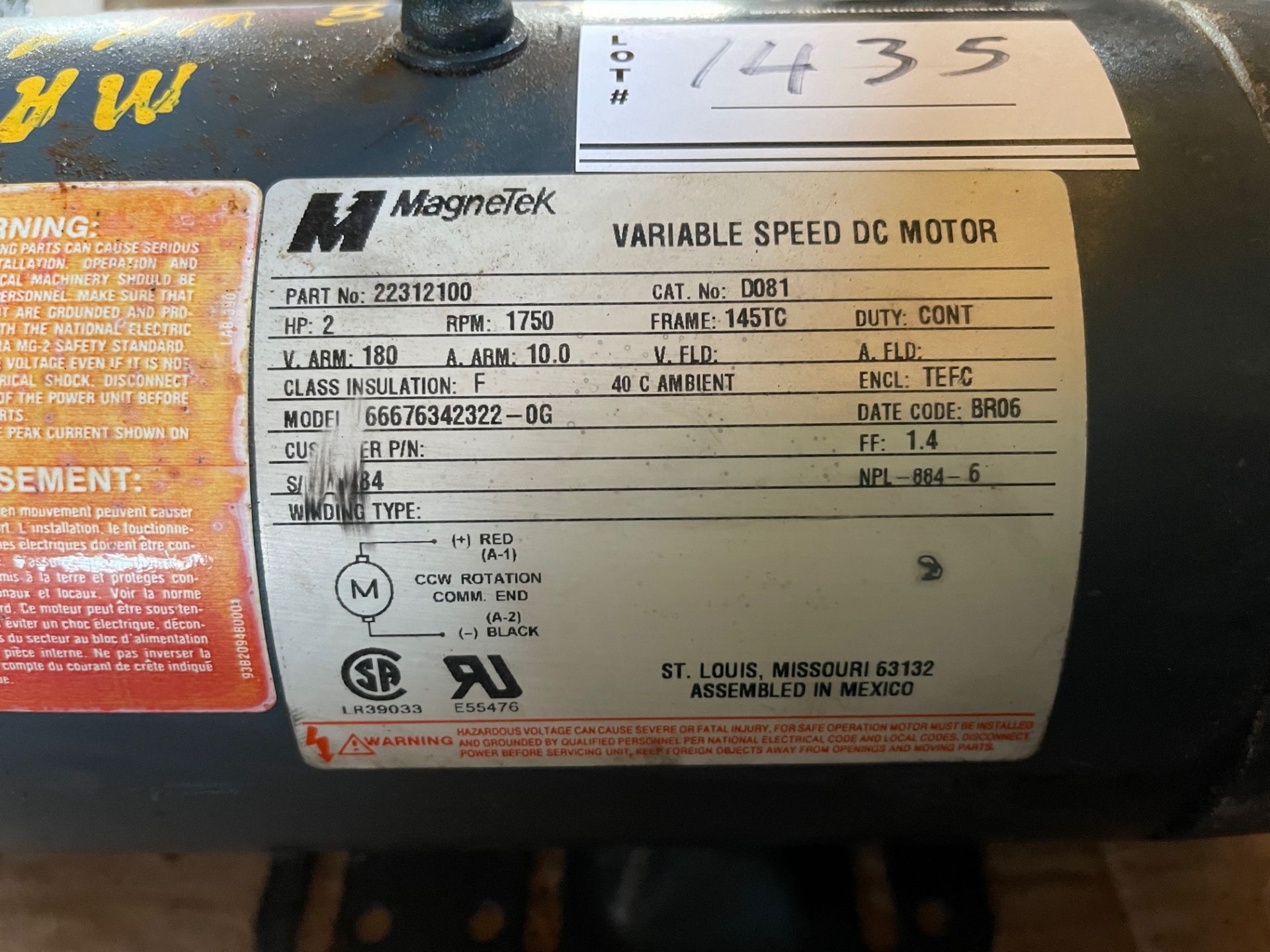 MAGNETEK VARIABLE SPEED DC MOTOR, 2HP 1750RPM - Image 3 of 3