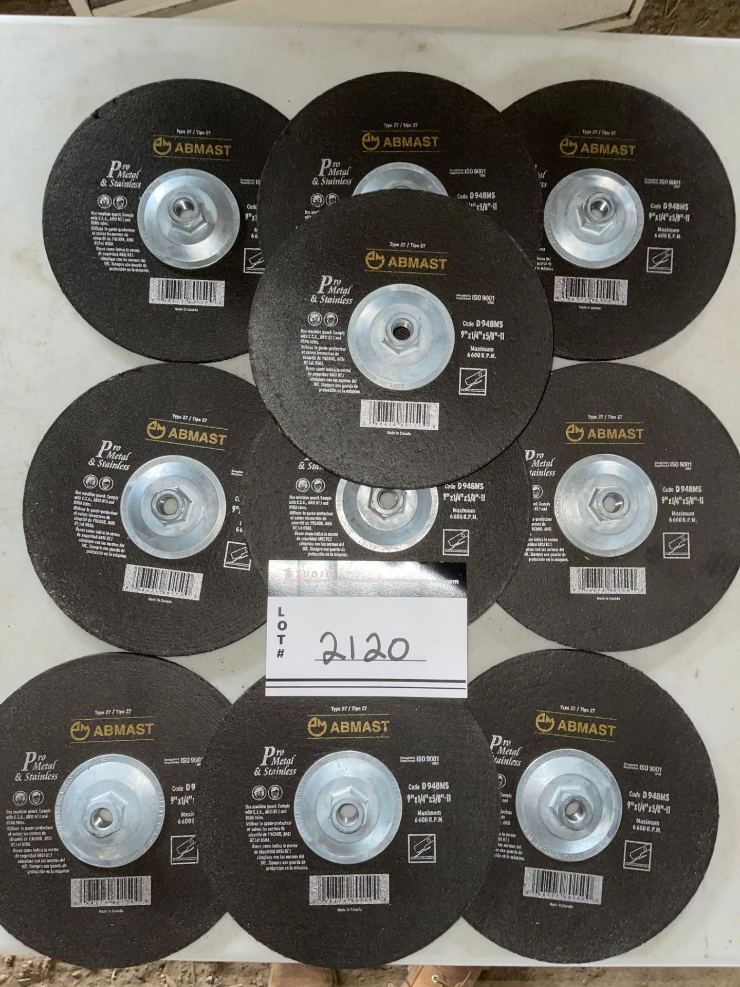 LOT OF ABMAST GRINDING WHEELS, QTY 10, 9" X 1/4" X 5/8" THREAD