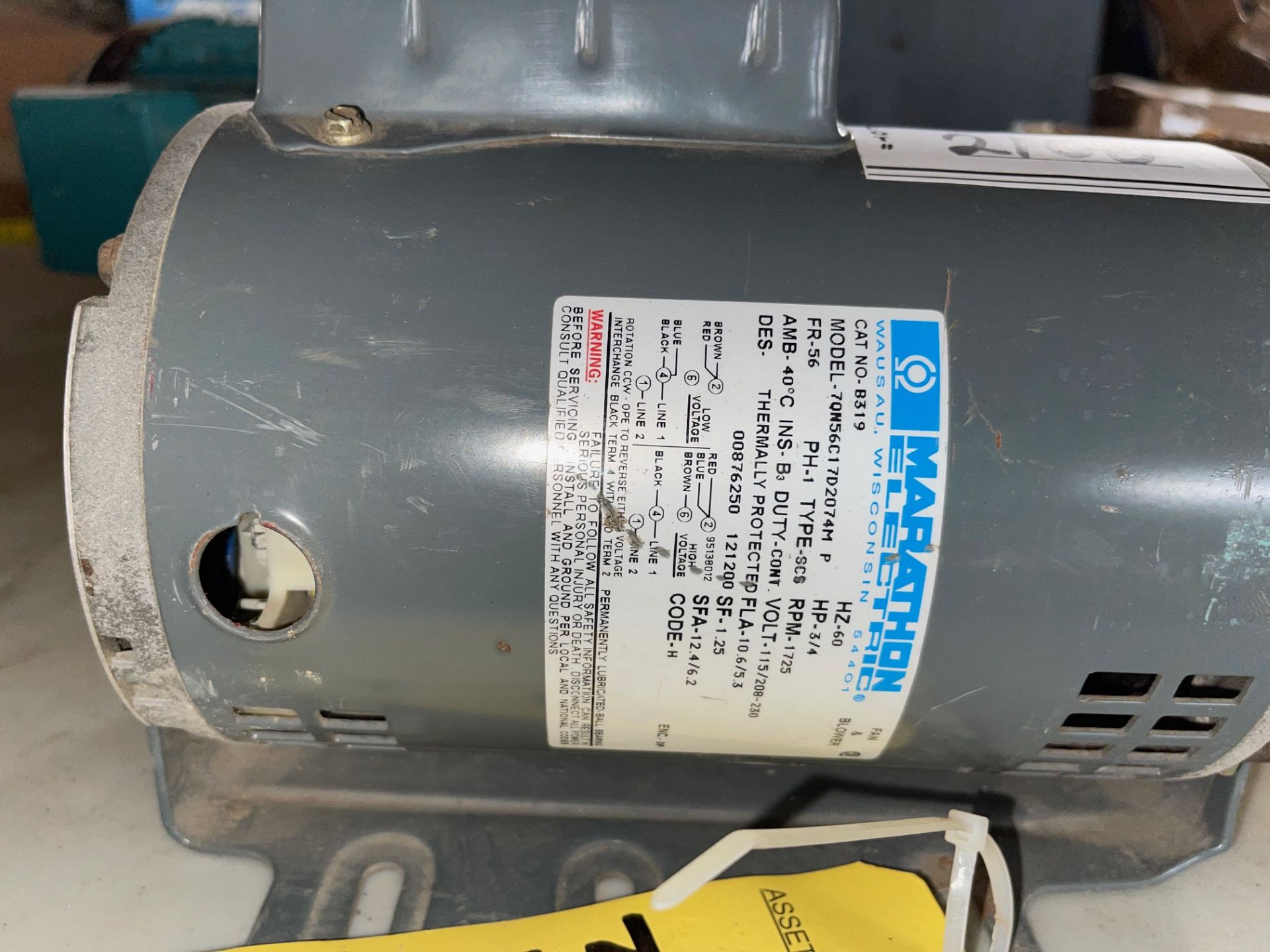 MARATHON THREE-QUARTER HORSEPOWER ELECTRIC AC MOTOR, 1725 RPM, 115/ 280/230, RIGGING FEE $ - Image 4 of 4