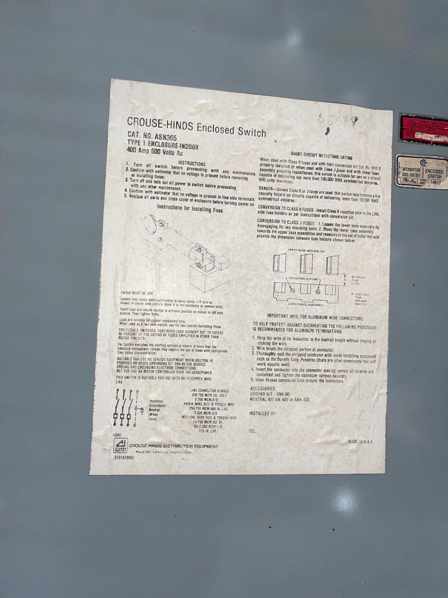 CROUSH HINDS, 600 VOLTS, 400 AMOS, FUSED SAFETY SWITCH, 22 X 6 X 12, RIGGING FEE $25.00 - Image 5 of 6