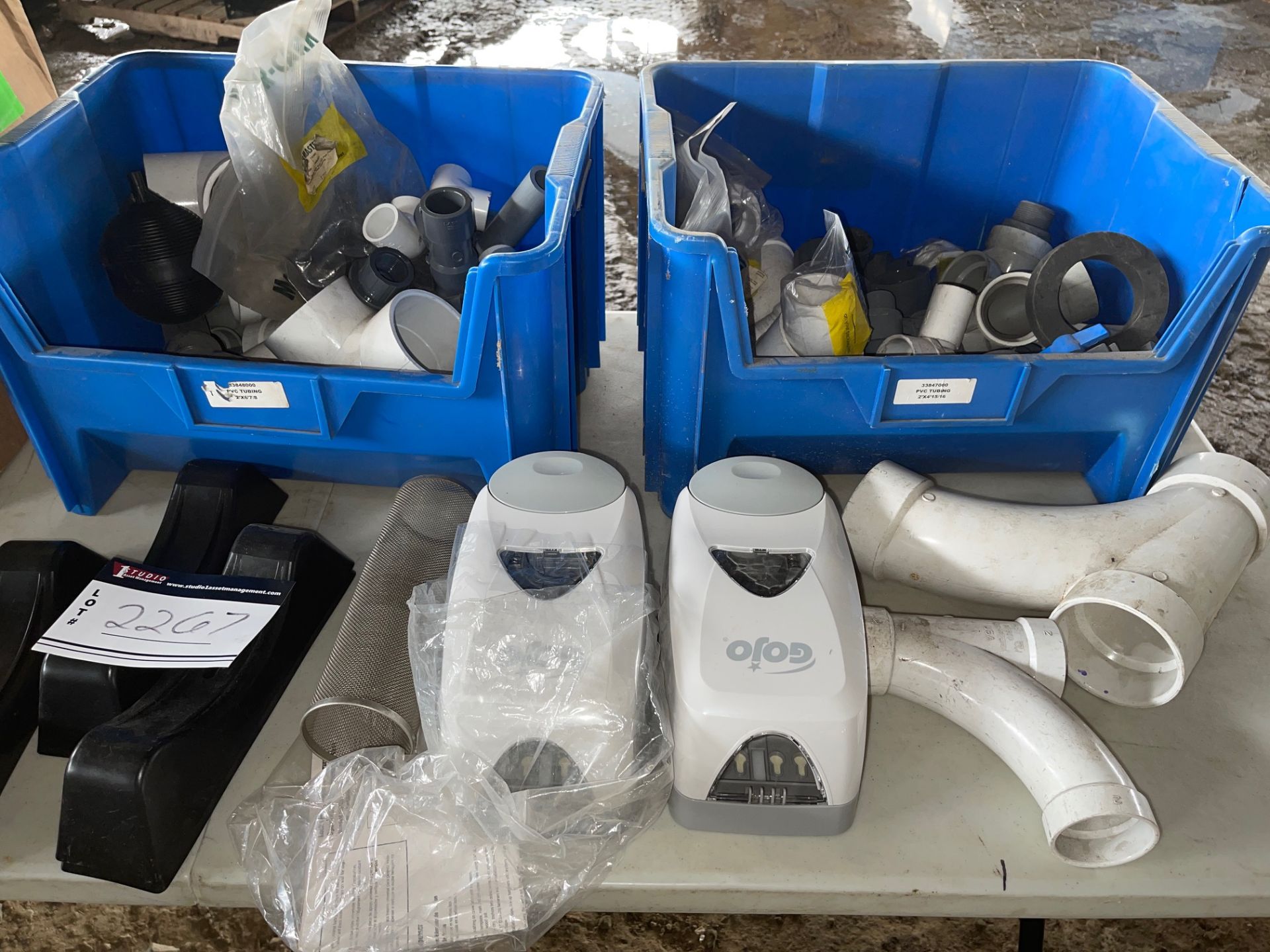 LOT OF MISCELLANEOUS PVC, ABS, FITTINGS, FLOATS, APPROX 20, KOJO SOAP AND DISINFECTANT DISPENSER,