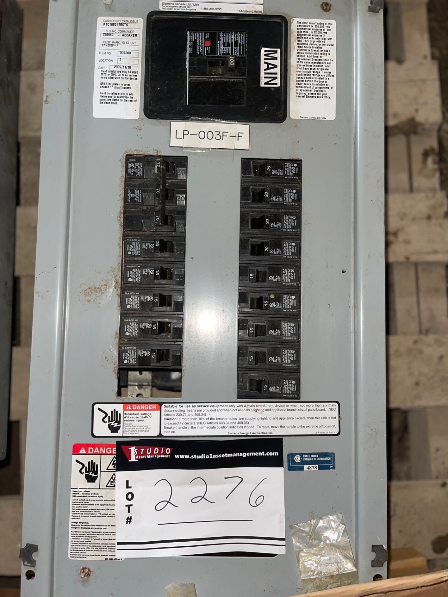 LOT/SEIMENS PANEL INSERT, P1-100A 120/280, 100 AMP MAIN, 70 AMP THREE POLE, 5×20 AMP 1 POLE, 9×15