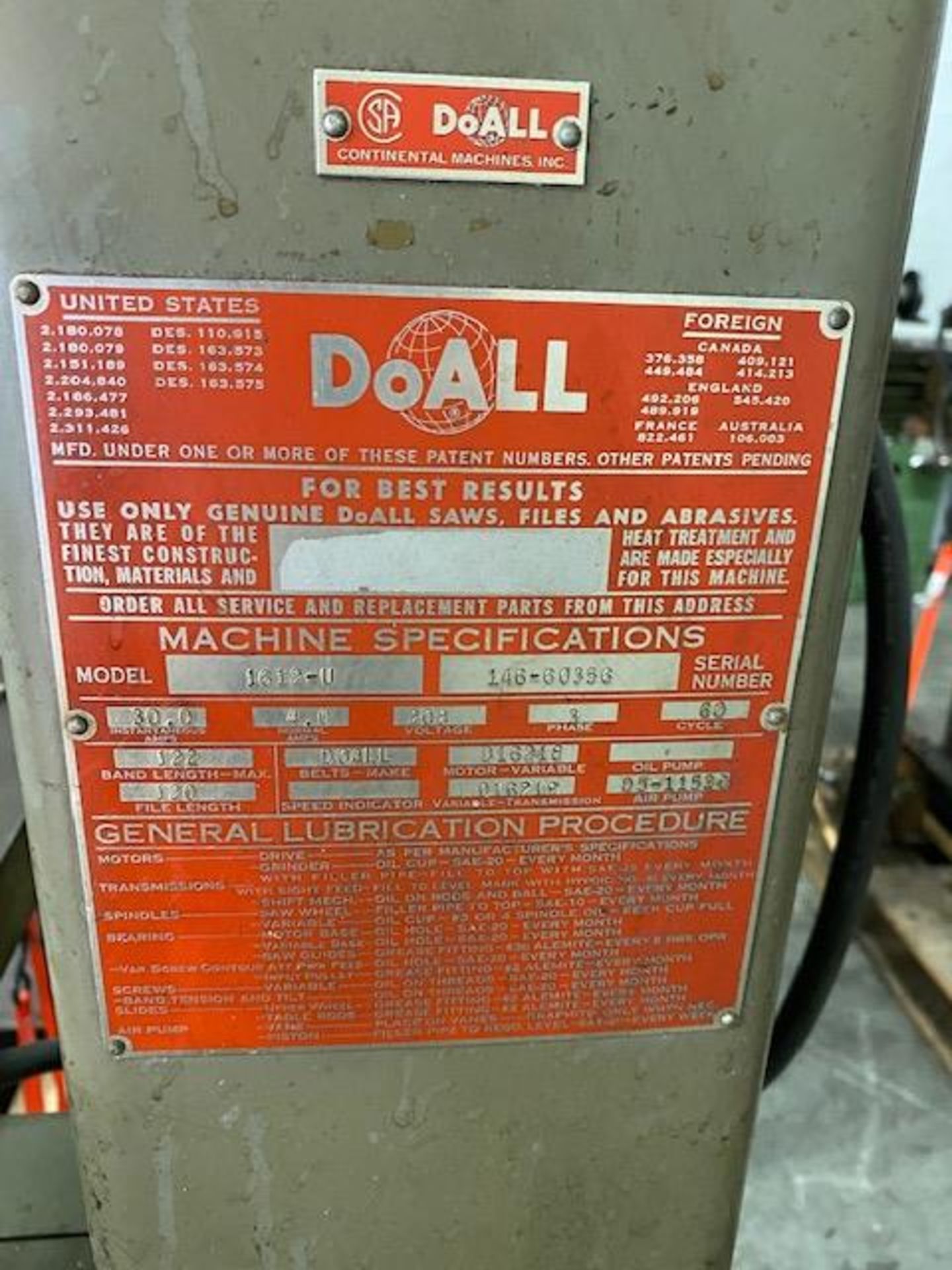 DOALL CONTINENTAL MACHINES INC., VERTICAL BANDSAW, 208V, 3 PHASE, 30 AMPS - Image 3 of 5