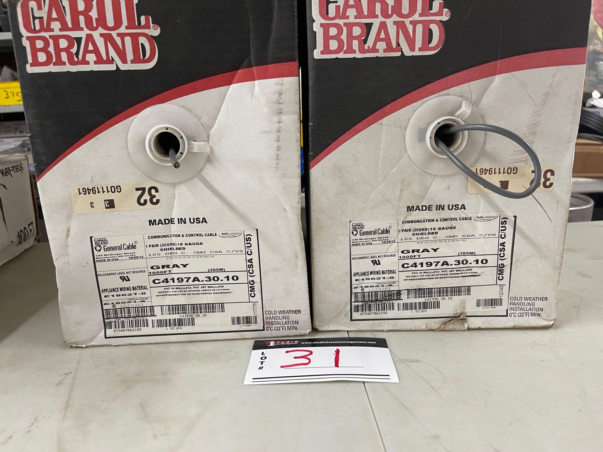 LOT/ (2) CAROL BRAND COMMUNICATION AND CONTROL CABLE, 16 GAUGE, SHIELDED, 1000 FT. PER BOX