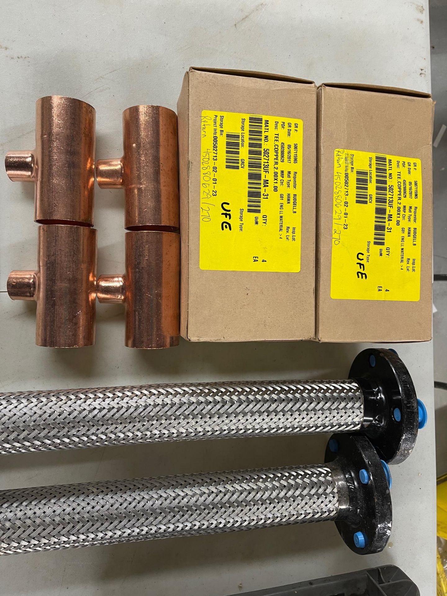 LOT/12)COPPER TEES 2” - 1” PIPE SADDLES 10" (2) SS FLEX PIPE 4 BOLT FLANGES, APPROX 19 X 2 - Image 2 of 4