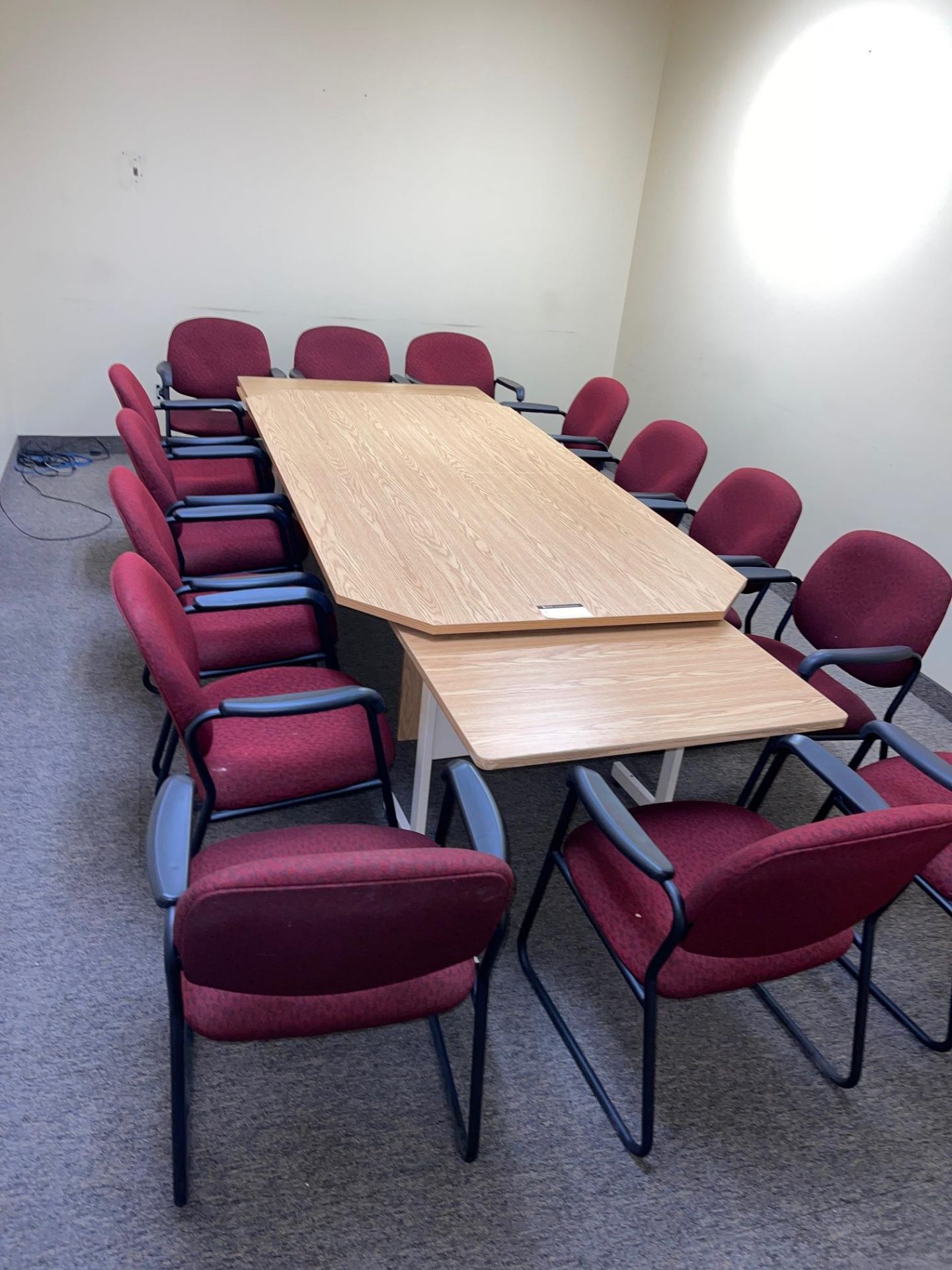 LOT/ 8' LONG TABLE WITH (2) END DESKS, (14) RED SLED BASE ARM CHAIRS, (3) WALL BOARDS
