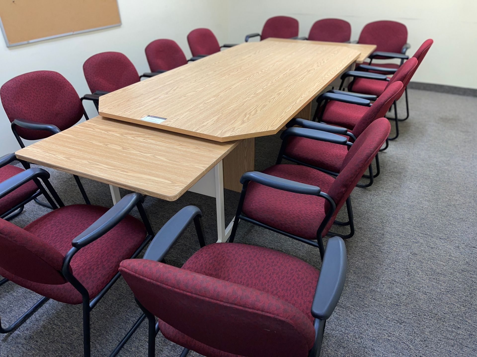 LOT/ 8' LONG TABLE WITH (2) END DESKS, (14) RED SLED BASE ARM CHAIRS, (3) WALL BOARDS - Image 2 of 4