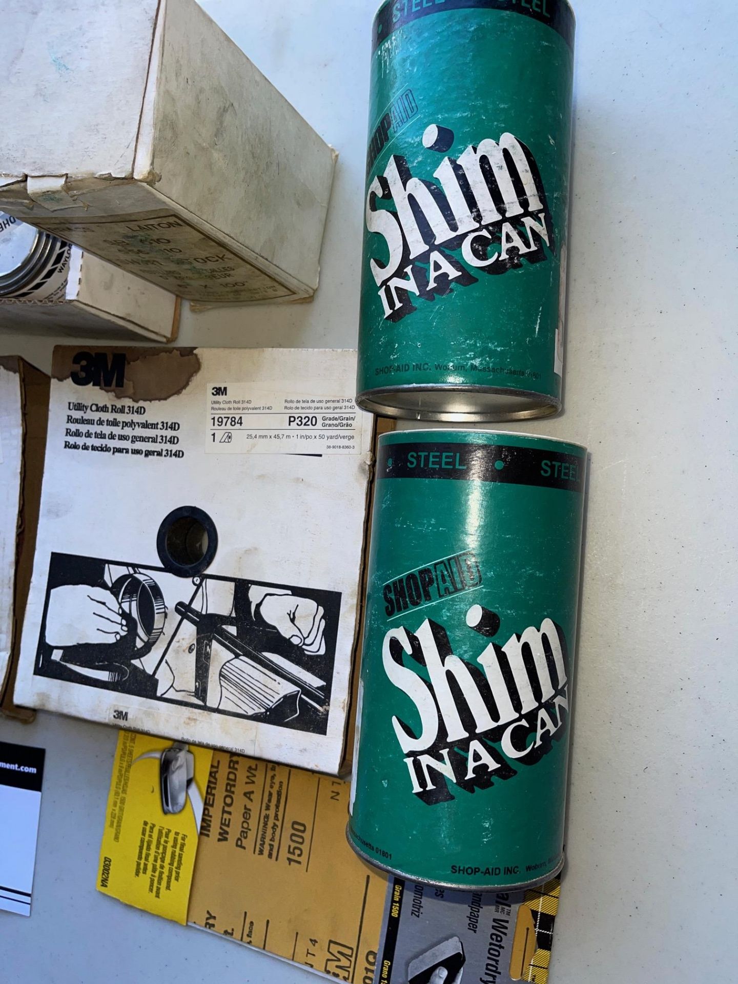 LOT/ VARIOUS SHIMS, TWO-PART EPOXY ADHESIVE, 3M UTILITY CLOTH ROLL, WATERPROOF SANDPAPER ETC. - Image 2 of 3