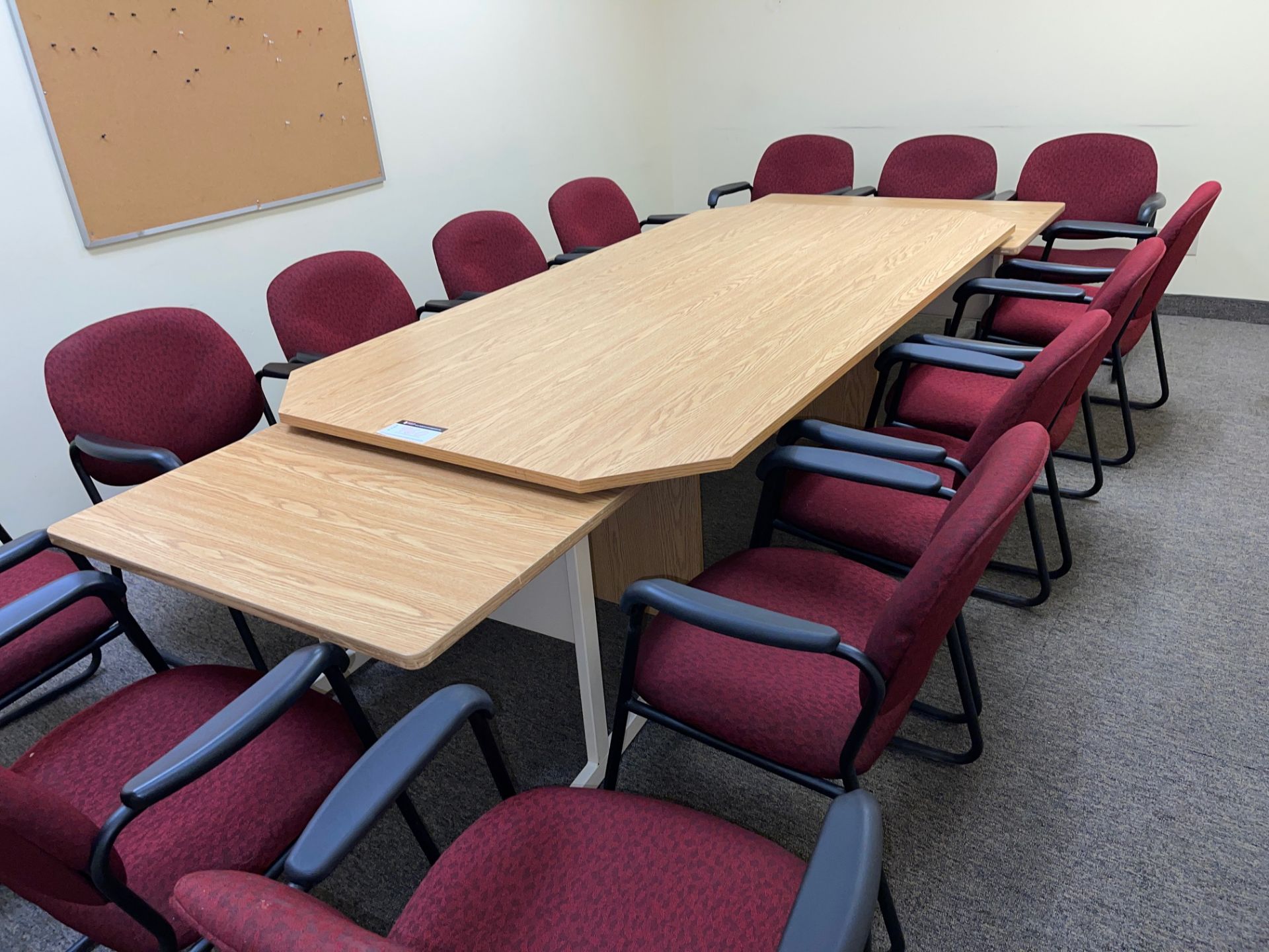 LOT/ 8' LONG TABLE WITH (2) END DESKS, (14) RED SLED BASE ARM CHAIRS, (3) WALL BOARDS - Image 4 of 4