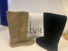 20 X BRAND NEW BOXED EQ STYLE WINTER BOOTS CAMEL AND BLACK SIZES 5 AND 6 IN 2 BOXES