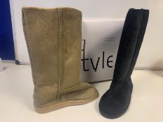 20 X BRAND NEW BOXED EQ STYLE WINTER BOOTS CAMEL AND BLACK SIZE 6 IN 2 BOXES