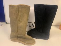 20 X BRAND NEW BOXED EQ STYLE WINTER BOOTS CAMEL AND BLACK SIZE 8 IN 2 BOXES