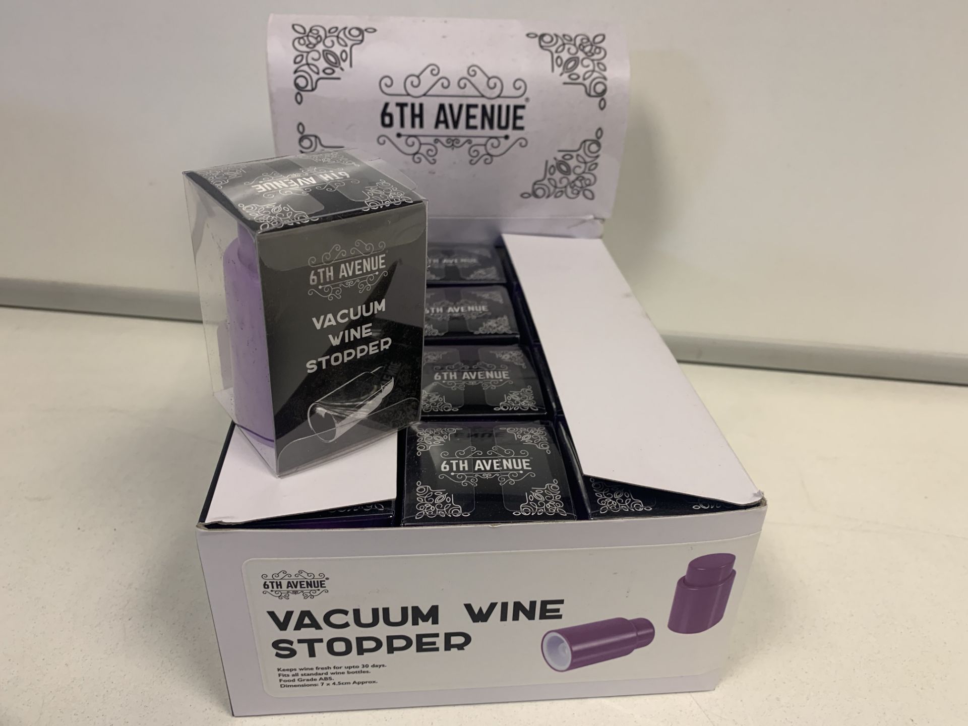 192 X BRAND NEW BOXED 6TH AVENUE VACUUM WINE STOPPERS IN 2 BOXES