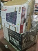 (J104) PALLET TO CONTAIN 12 x VARIOUS RETURNED TVS TO INCLUDE JVC 49 INCH, JVC 65 INCH NOTE: ITEMS