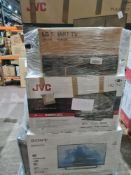 (J123) PALLET TO CONTAIN 21 x VARIOUS RETURNED TVS TO INCLUDE JVC 40 INCH, SONY 40 INCH. NOTE: ITEMS