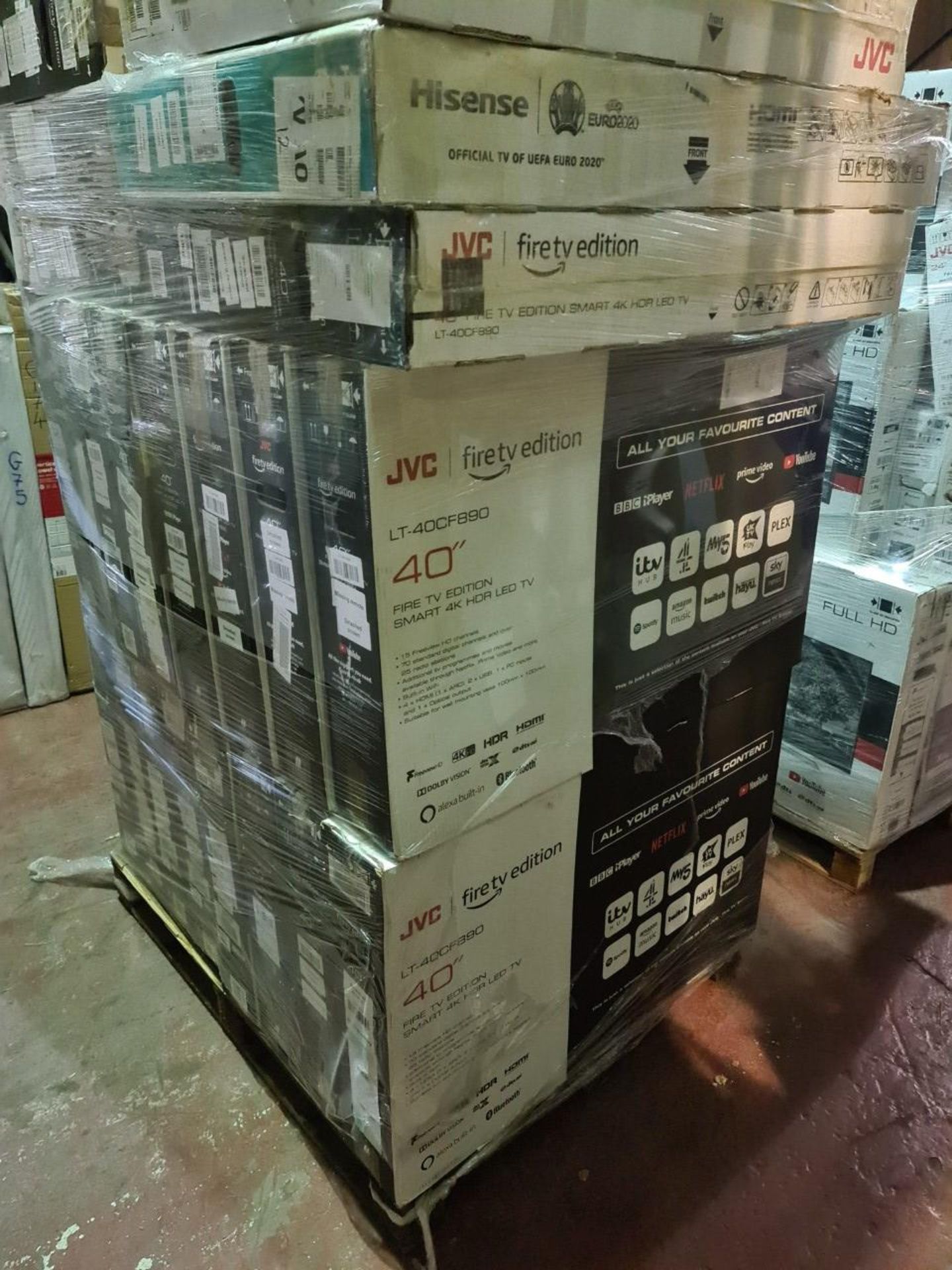 (J177) PALLET TO CONTAIN 22 x VARIOUS RETURNED TVS TO INCLUDE JVC 32 INCH, JVC 40 INCH. NOTE: