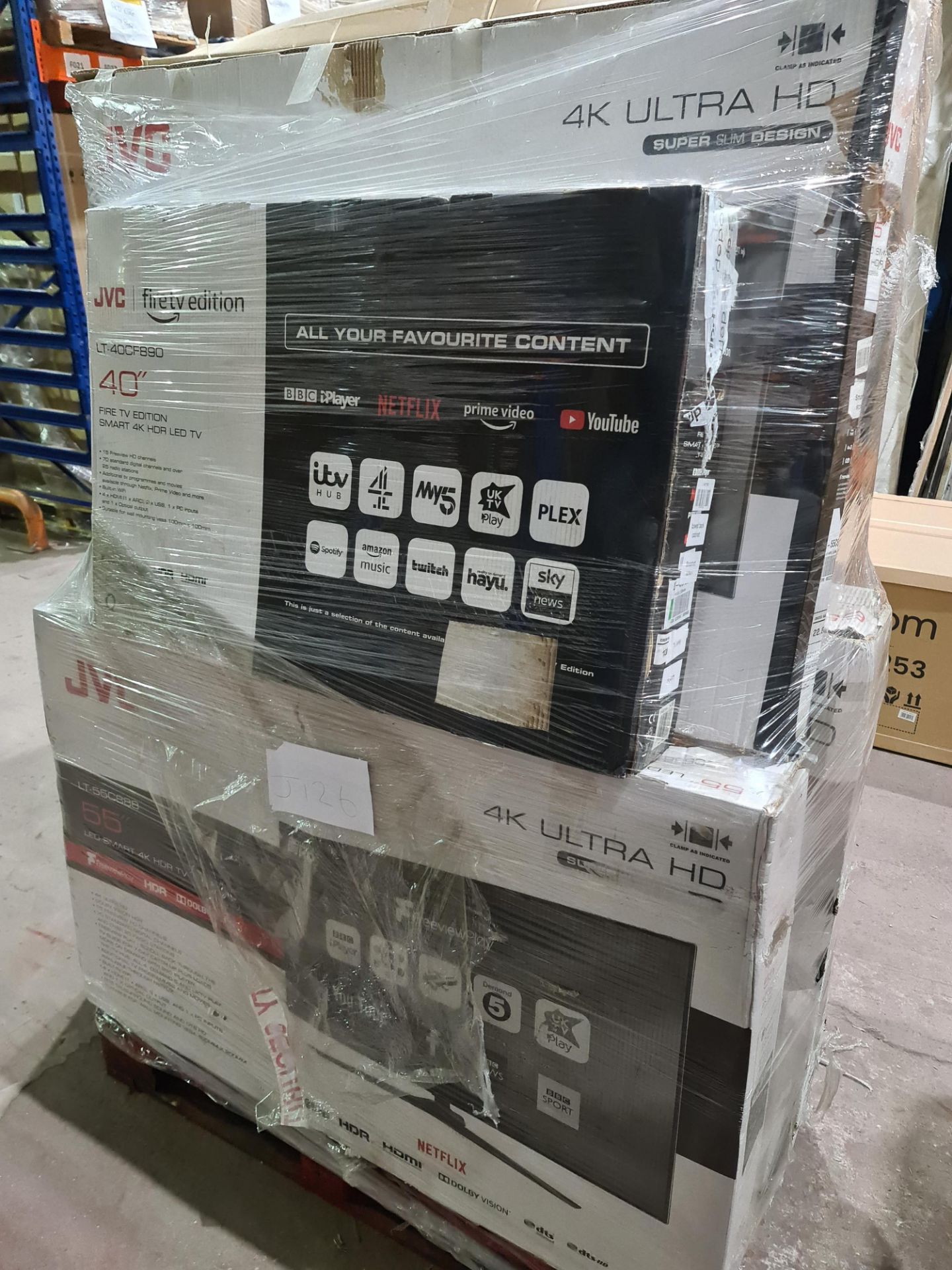 (J126) PALLET TO CONTAIN 12 x VARIOUS RETURNED TVS TO INCLUDE JVC 55 INCH, JVC 65 INCH. NOTE: - Image 2 of 2