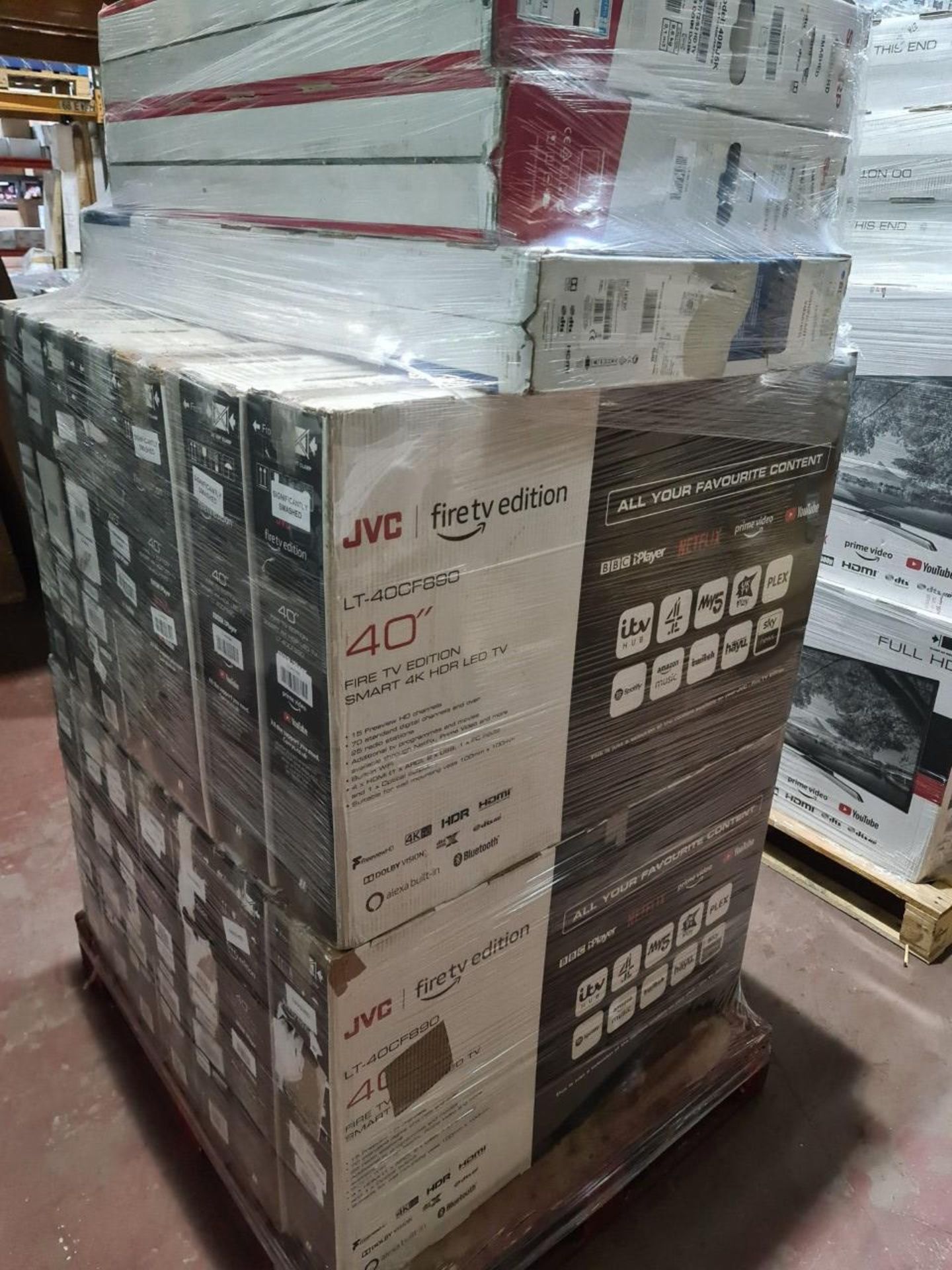 (J183) PALLET TO CONTAIN 12 x VARIOUS RETURNED TVS TO INCLUDE JVC 40 INCH, BLAUPUNKT 40 INCH. - Image 2 of 2