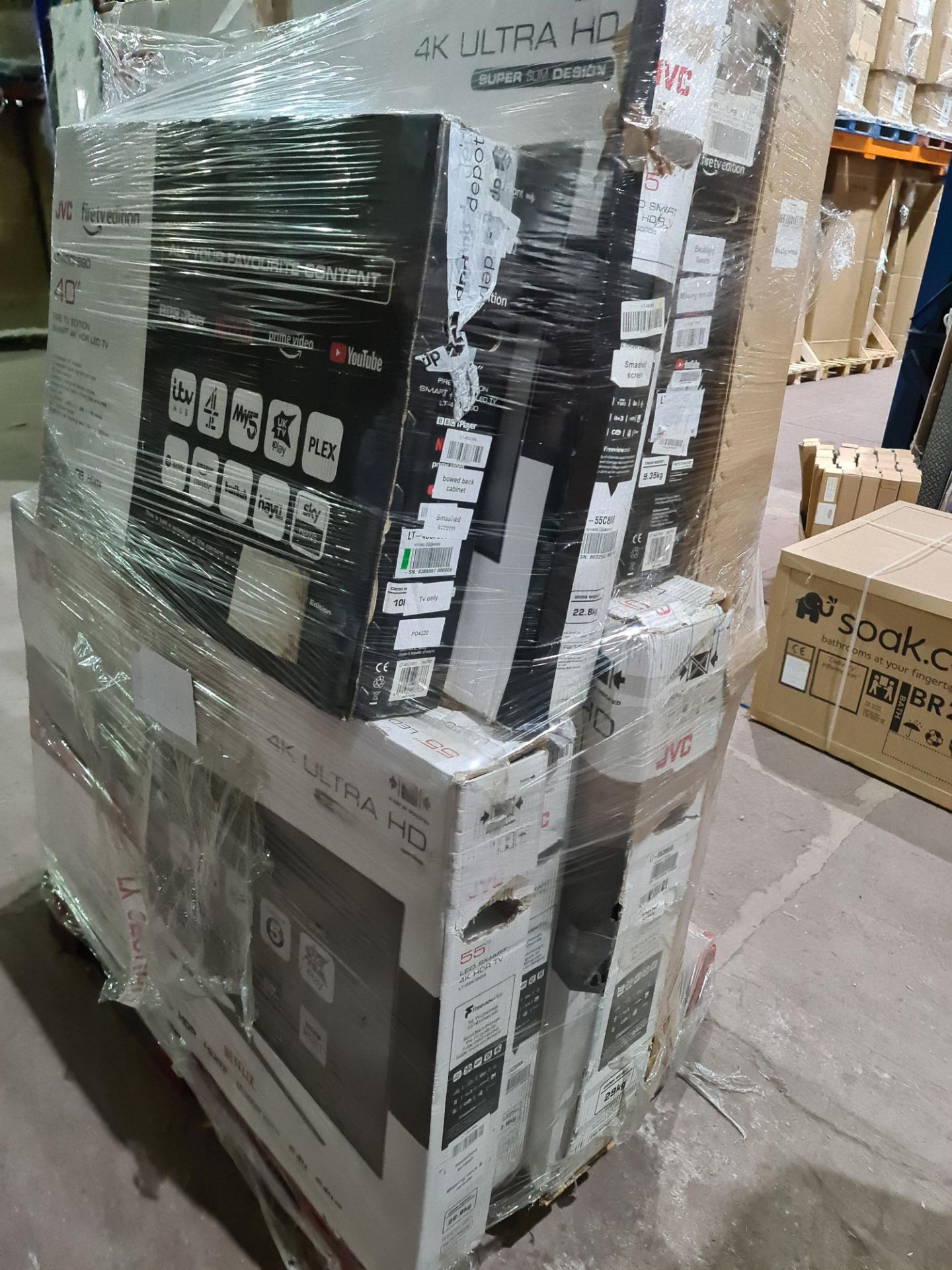 (J126) PALLET TO CONTAIN 12 x VARIOUS RETURNED TVS TO INCLUDE JVC 55 INCH, JVC 65 INCH. NOTE: