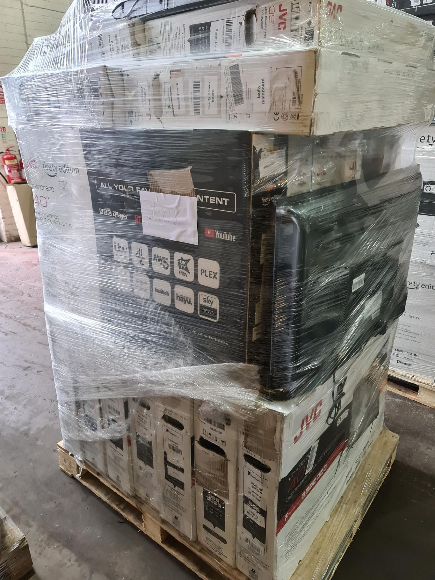 (J108) PALLET TO CONTAIN 19 x VARIOUS RETURNED TVS TO INCLUDE JVC. NOTE: ITEMS ARE CUSTOMER RETURNS.