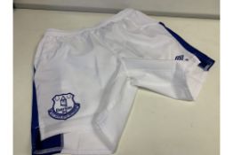 50 X BRAND NEW OFFICIAL EVERTON WHITE AND BLUE CHILDRENS SHORTS