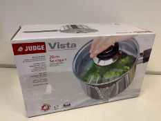 4 X BRAND NEW VISTA JUDGE 20CM SAUCEPANS WITH DOUBLE SIDED DRAINING LID