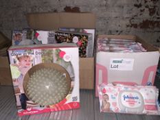 MIXED LOT INCLUDING 5 X EDUSHAPE GLOW IN THE DARK GIANT BALLS AND 12 X PACKS OF 56 JOHNSONS BABY