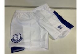 100 X BRAND NEW OFFICIAL EVERTON FC CHILDRENS FOOTBALL SHORTS BLUE AND WHITE