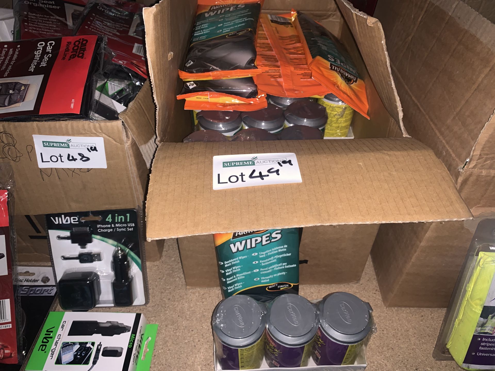 48 PIECE MIXED LOT INCLUDING ARMOR ALL WIPES, ANTI-BAC WIPES, ETC