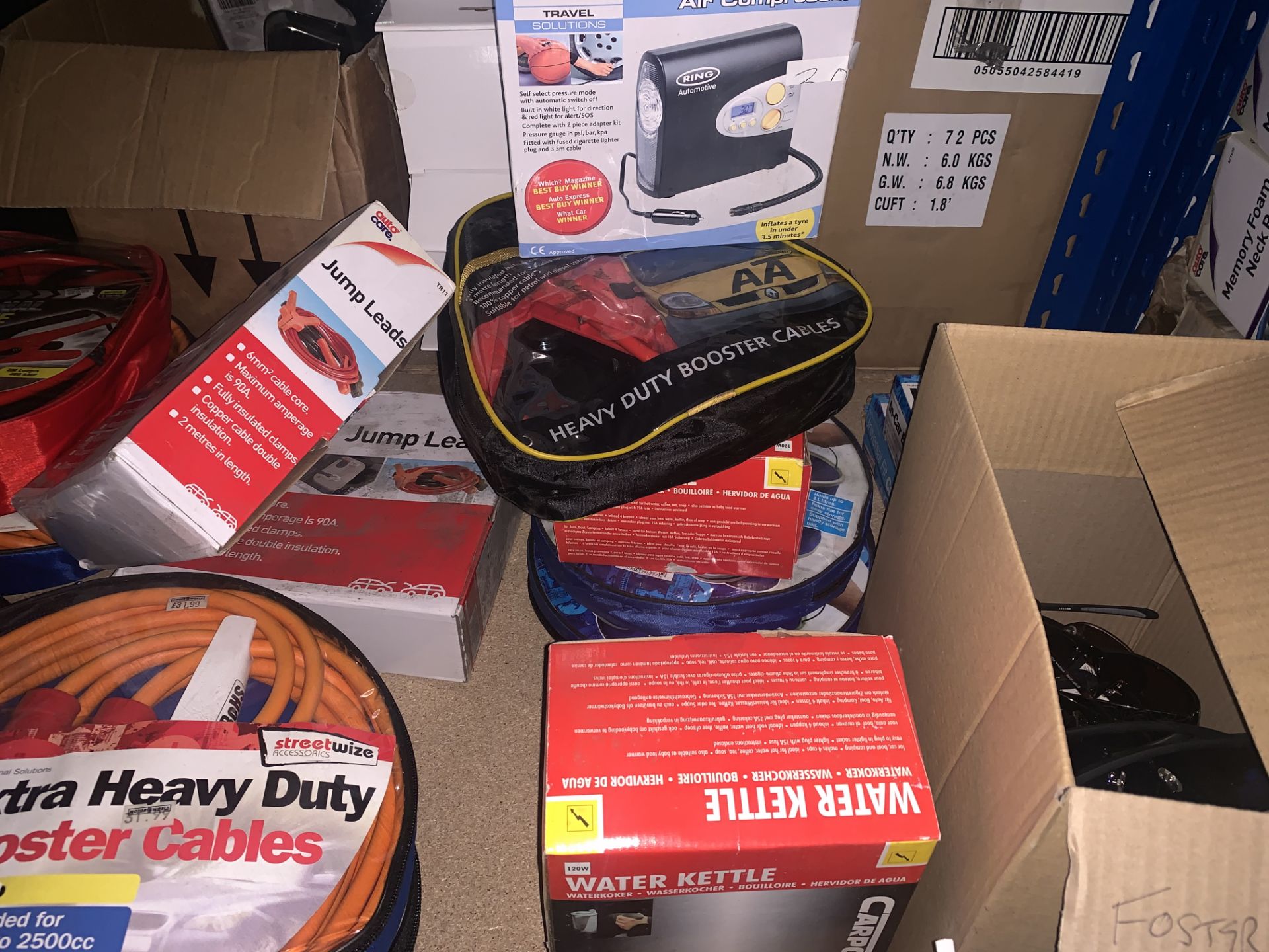 MIXED LOT INCLUDING BOOSTER CABLES WATER KETTLE, AIR COMPRESSOR, ETC