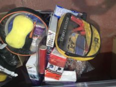 60 PIECE MIXED LOT INCLUDING CAR WASH KITS, BOOSTER CABLES, CAR BOOT LINERS, SEAT PROTECTORS, ETC