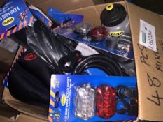48 PIECE MIXED CYCLING LOT INCLUDING CABLE LOCKS, FRONT AND REAR LIGHT SETS, DRINKS BOTTLES, ETC