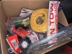 68 PIECE MIXED LOT INCLUDING TIOW ROPES, BATTERY TESTERS, ELECTRICAL TAPE, ETC